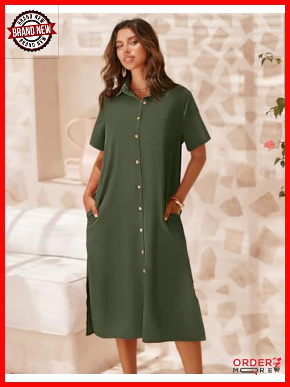 Short Sleeve Button Down Shirt Dress with Pockets, Lightweight Rayon Blend - Picture 2 of 6